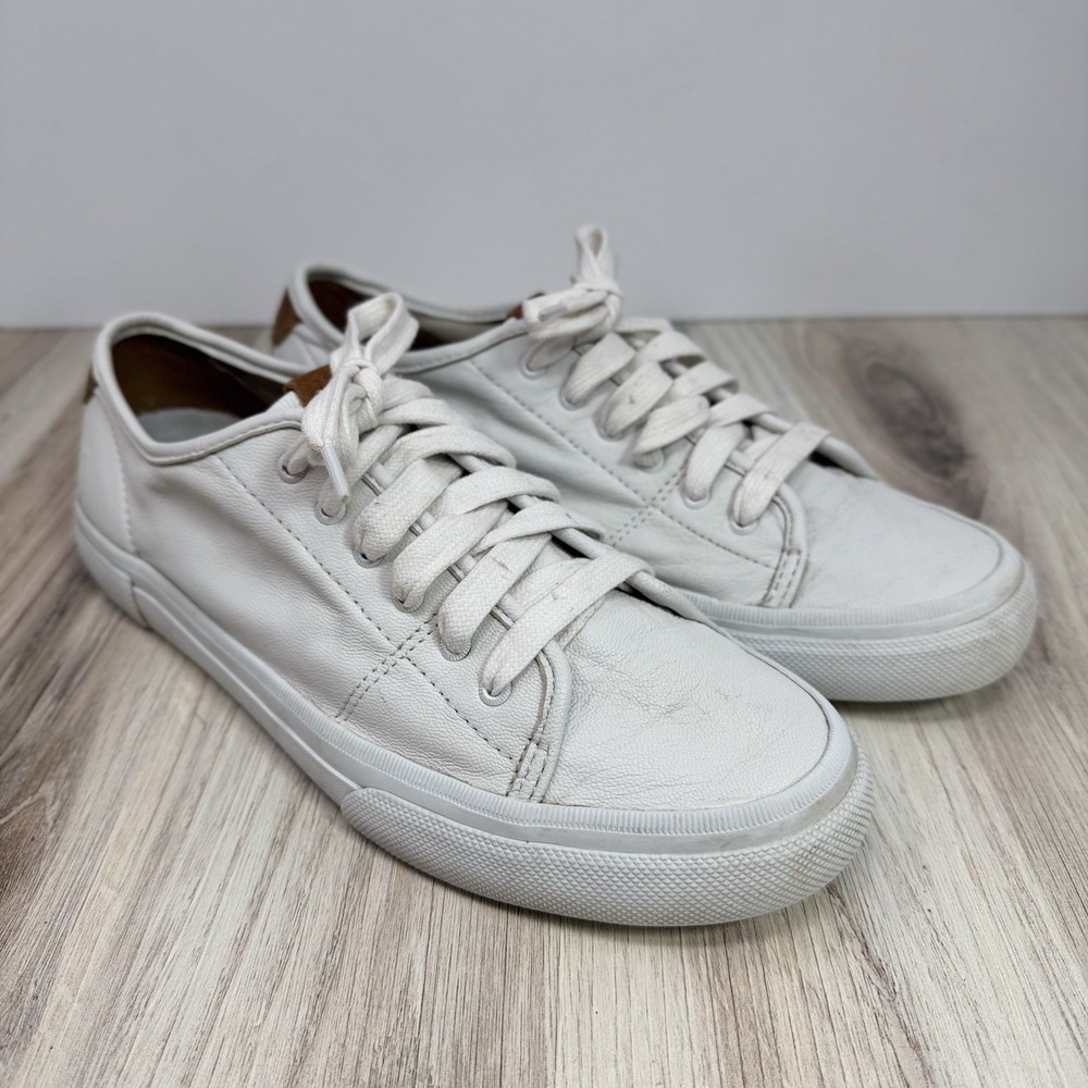 Frye Leather Sneakers White Tan Trim Low Top Casual Classic Preppy Women's 9